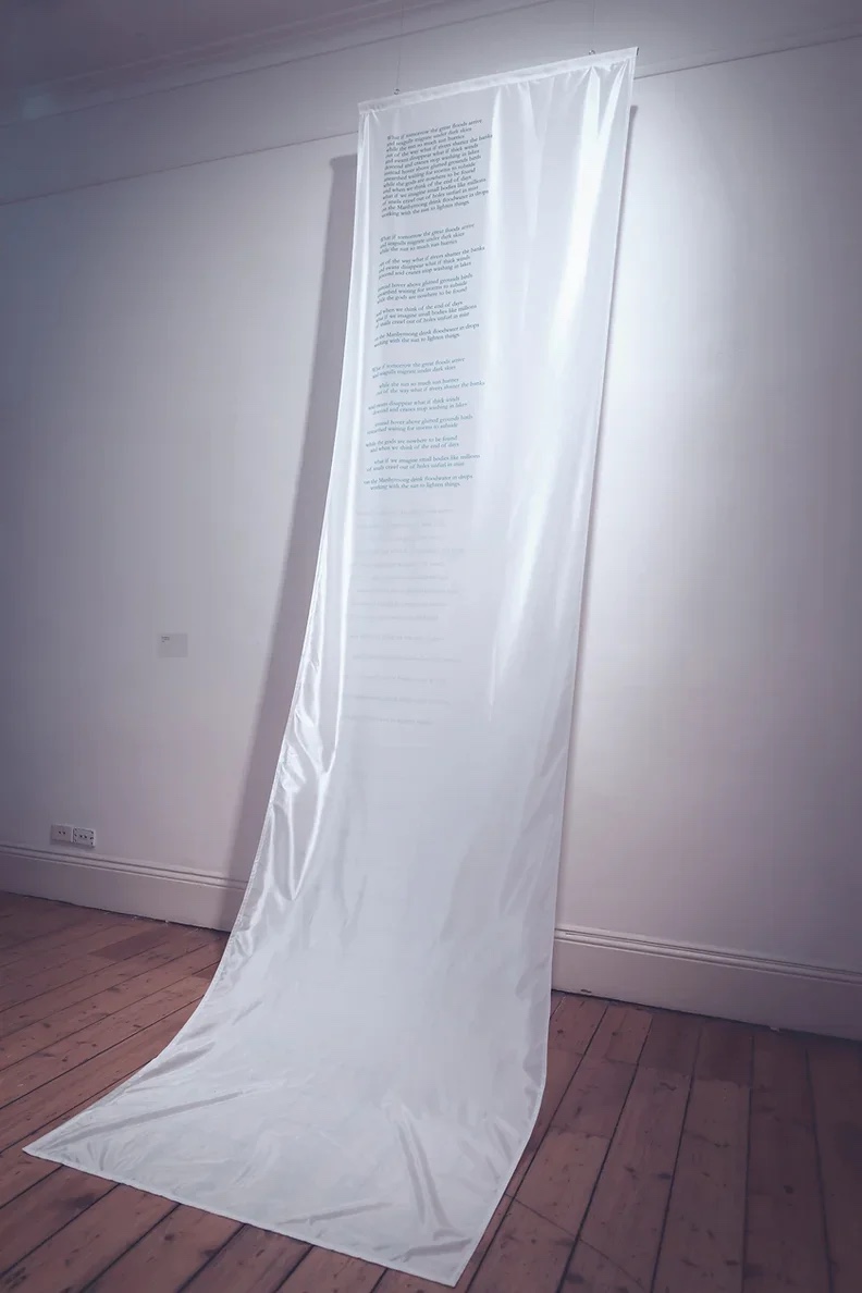 Flood Myth — full installation view, silk banner reaching the gallery floor