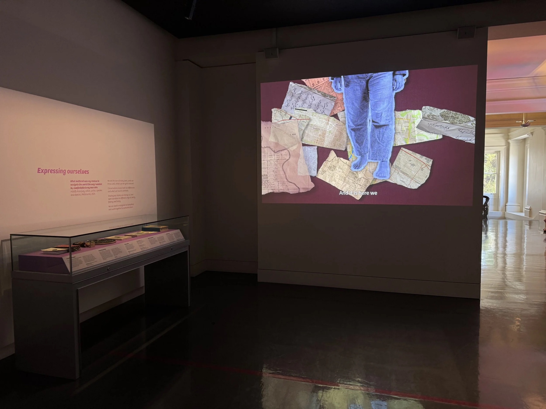 Exhibition installation view — projection and vitrine in a museum gallery